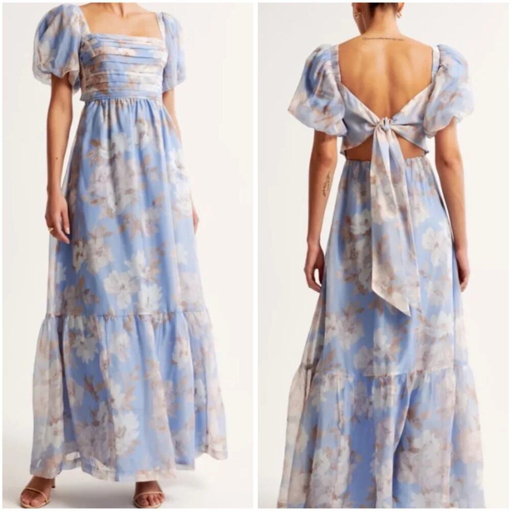 Abercrombie Emerson Drama Bow Back Floral Organza Maxi Dress Blue Large